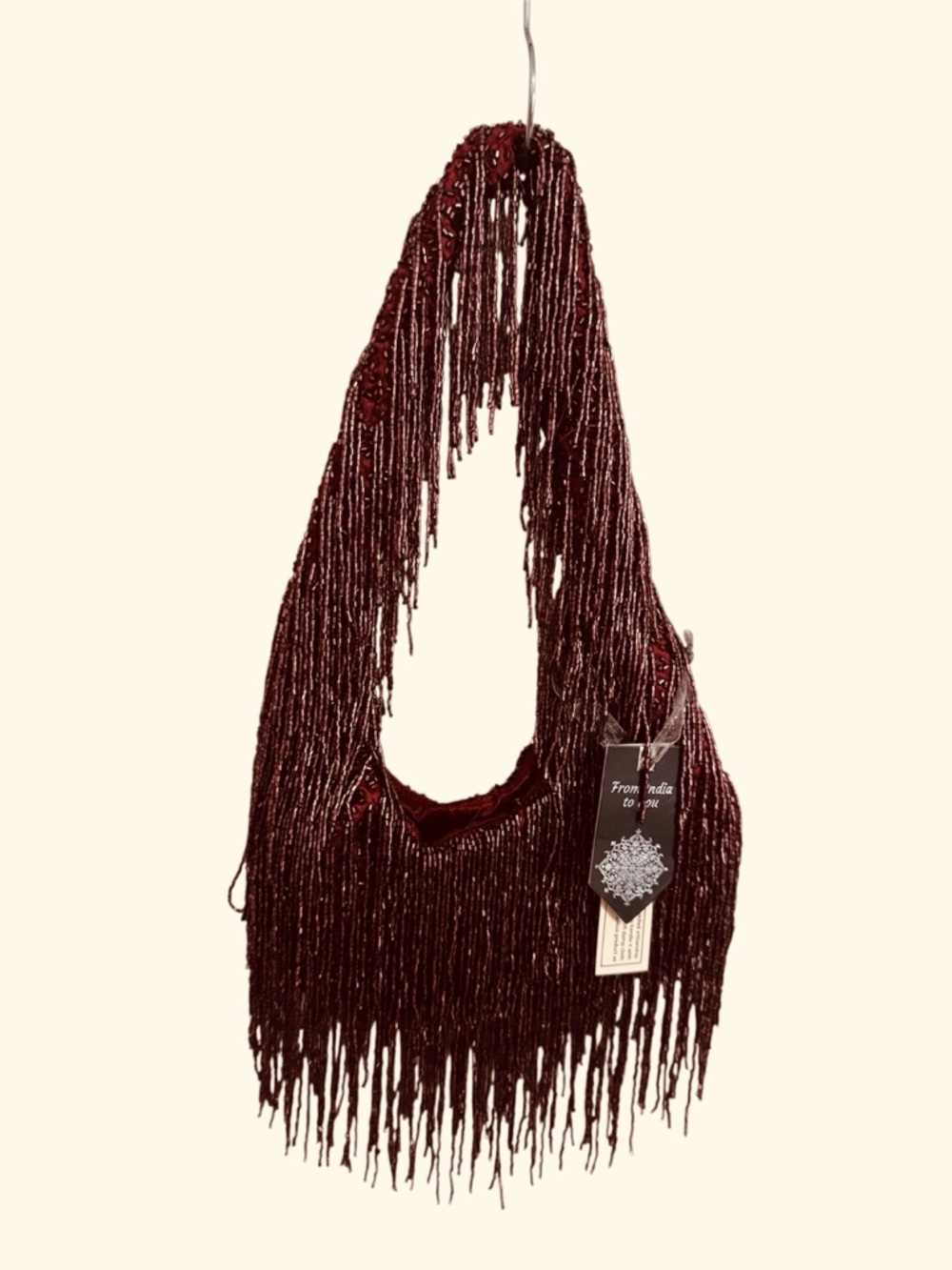 From India Hand-Beaded Burgundy Fringe Shoulder Bag